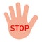 Palm wich red word Stop. Hand prohibited, warning. Denial, restriction, no violence and coercion. Vector illustration isolated