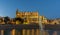 Palma de Mallorca Cathedral sunset, reflected in water.