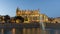 Palma de Mallorca Cathedral sunset, reflected in water.