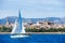 Palma de Mallorca, Spain. View from the sea with boath on a hot