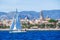 Palma de Mallorca, Spain. View from the sea with boath on a hot