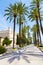 Palma Mallorca famous seaside palm trees promenade Passeig de Sagrera. Mallorca, Balearic Islands,