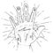 Palmistry or chiromancy hand with signs of the planets and zodiac signs. Palmistry map on open palm. Divination and