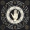 Palmistry map on open palm with old magic symbols