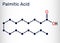 Palmitic acid or hexadecanoic, C16H32O2 molecule. It is saturated fatty acid. Structural chemical formula