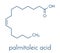 Palmitoleic acid omega-7 fatty acid molecule. Skeletal formula.
