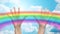 Palms of human hands thumbs up over rainbow in sky