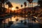 Palms reflected in oasis calm waters, sunrise and sunset wallpaper