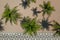 Palms on the sandy beach with Copacabana sidewalk mosaic along them