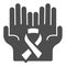 Palms and tape solid icon, World cancer day concept, Cancer Awareness sign on white background, cancer ribbon on hands
