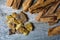 Palo santo wood closeup with copal tree resin