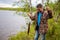 Palojarvi, Finland - 26.06.2018: Fisherman with catch in national park in place for travelers in camping site, Finland