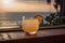 Paloma cocktail, on a wooden table with stunning ocean view, beach as the backdrop,. Generative AI