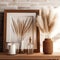 Pampas Grass in Glass Jar Vase on Wooden Table. Generative AI