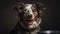 Pampered Pooch: Delighted Dog Enjoying a Hearty Meal. Smiling happy dog standing in front of bowl on plain background. Generative