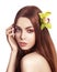 Pampering. Serene Woman with Orchid Fresh Flower in Hair. Tenderness