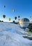 Pamukkale, Denizli, Turkiye - July 7, 2022 : Early morning balloon tourism activities in the sky floating above Cotton Castle or