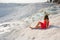 Pamukkale, natural pool with blue water and girl, Turkey