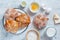 Pan de Muerto, ingredients for Mexican bread recipe traditional for day of the Dead in Mexico