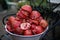 Pan filled with pomegranate peels after being used in juicer to get invigorating drink saturated