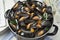 Pan with fresh cooked mussels