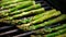 Pan Fried Asparagus. Grilled green asparagus on a cast iron plate. AI Generative