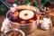 Pan with hot mulled wine, Christmas festive drinks