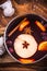 Pan with hot mulled wine, Christmas festive drinks