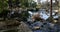 Pan shot across a stream leading to a beautiful pond