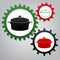 Pan sign. Vector. Three connected gears with icons at grayish ba