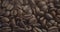 Pan to left shot of roasted coffee beans slow motion close up