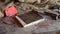 Pan view of dusty wooden table with retro objects