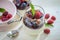 Panacotta dessert with raspberry and blueberry