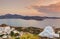 Panagia Thalassitra church and Plaka village at sunset, Milos island, Cyclades, Greece.