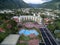 PANAJACHEL, GUATEMALA - NVEMBER 13, 2017: Porta Hotel del Lago in Foreground. Panajachel Cityscape. Sightseeing place in Guatemala