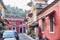 Panaji, India - December 15, 2019: A narrow lane surrounded by colorful portuguese houses in Panjim, Goa