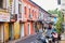 Panaji, India - December 15, 2019: A narrow lane surrounded by colorful portuguese houses in Panjim, Goa