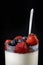 Panakota creamy Italian dessert in a glass cup with berries and chocolate chips on top
