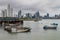 PANAMA CITY, PANAMA - MAY 27, 2016: Fishing boats in a port with skyline of Panama Ci