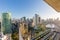 Panama city skyline at sunset aerial view of Interamericana, Avenida Balboa and Cinta Costera