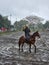 Panama, Dolega town, cowboy on horseback practicing with the lasso