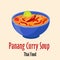 Panang curry thai soup icon, spicy tasty dish in colorful bowl isolated vector illustration.