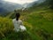 Panaramic view of rice terraces in Vietnam with woman