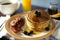 Pancake, Bacon and Berry Breakfast with Coffee and Juice