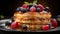 Pancake with berries dripped with honey. Generative AI.