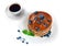 Pancake with blueberries, mint, coffee and honey on a white back