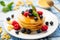 Pancake Blueberry Honey Indulgence Dessert Stack