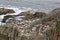 Pancake rocks at the Pacific Ocean with cormorants, Westcoast, New Zealand