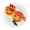 Pancakes with Berries and Jam Arranged in the Shape of Pirate Faces on Plate Above View Vector Illustration