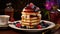 Pancakes with berries, Stack of fluffy pancakes, pouring maple syrup, Lavish brunch spread, berry toppings, generative ai
